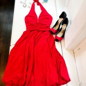 Red A-line Halter Dress w/ pleated skirt